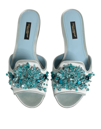 Dolce & Gabbana Silber blaue Leder Perlen verschönern Slide Schuhe