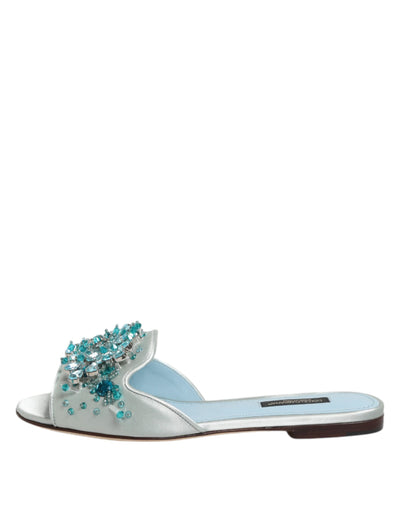 Dolce & Gabbana Silber blaue Leder Perlen verschönern Slide Schuhe