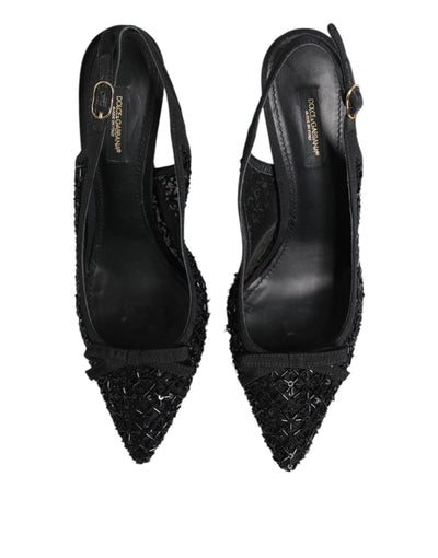 Dolce & Gabbana Schwarz Tüll Ricamo Heels Slingbacks Schuhe