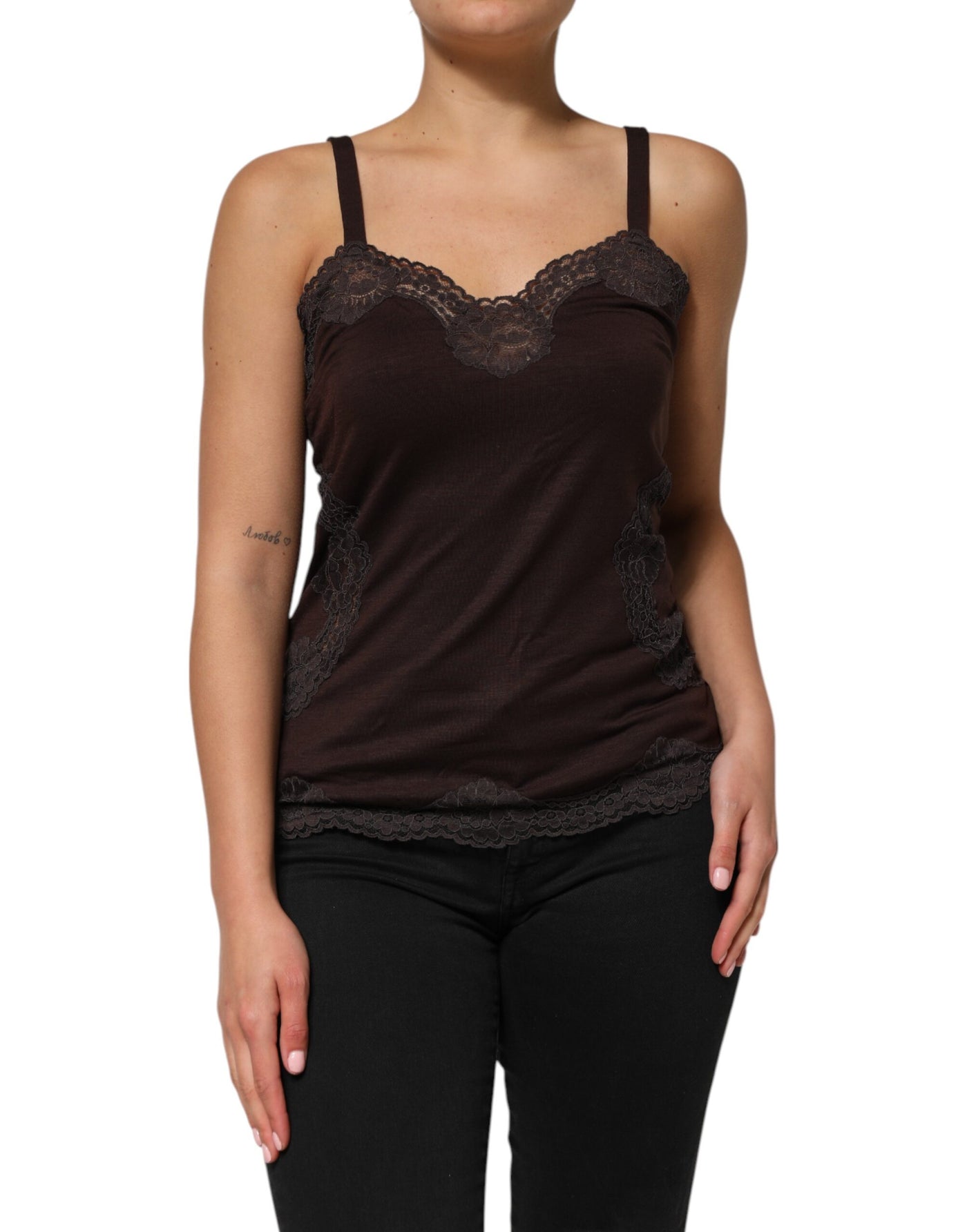 Dolce & Gabbana Dunkelbraunes ärmelloses Tanktop mit Spitzenbesatz aus Wolle