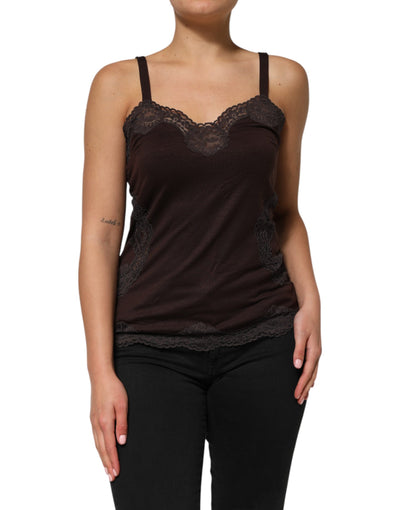 Dolce & Gabbana Dunkelbraunes ärmelloses Tanktop mit Spitzenbesatz aus Wolle