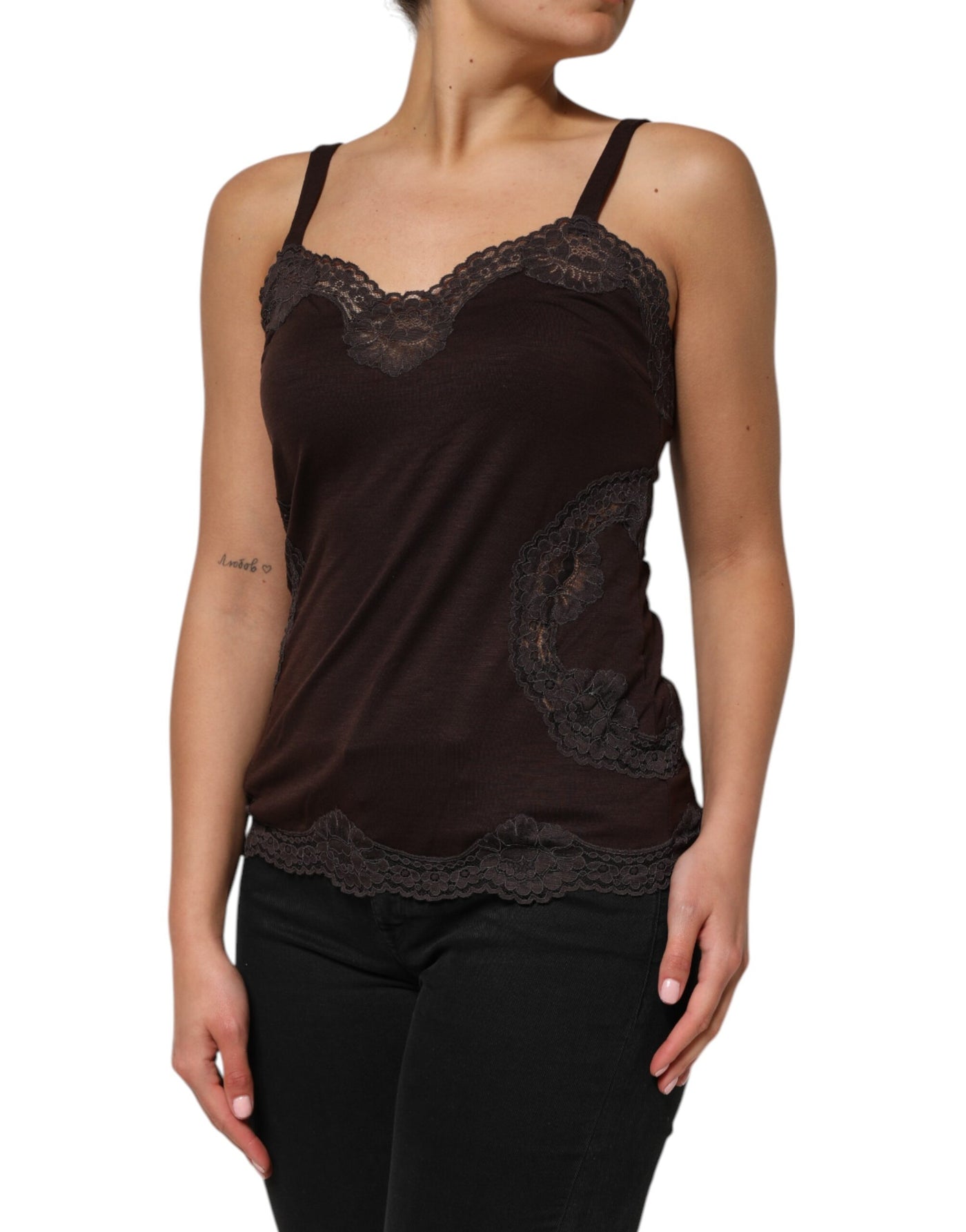 Dolce & Gabbana Dunkelbraunes ärmelloses Tanktop mit Spitzenbesatz aus Wolle