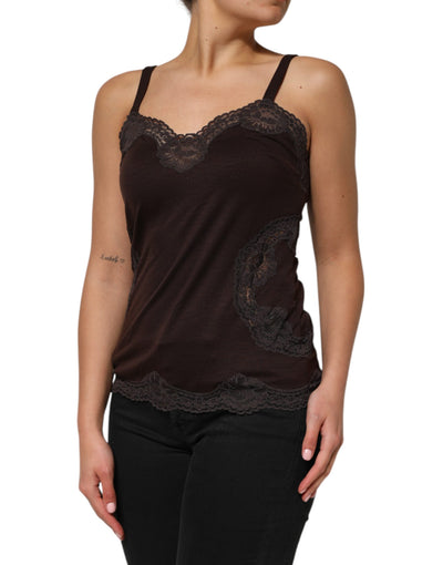 Dolce & Gabbana Dunkelbraunes ärmelloses Tanktop mit Spitzenbesatz aus Wolle