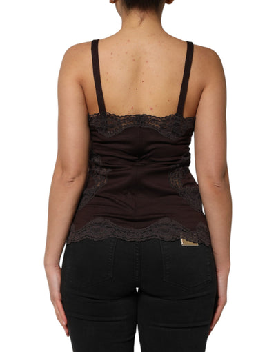 Dolce & Gabbana Dunkelbraunes ärmelloses Tanktop mit Spitzenbesatz aus Wolle