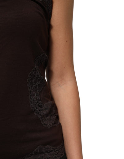 Dolce & Gabbana Dunkelbraunes ärmelloses Tanktop mit Spitzenbesatz aus Wolle