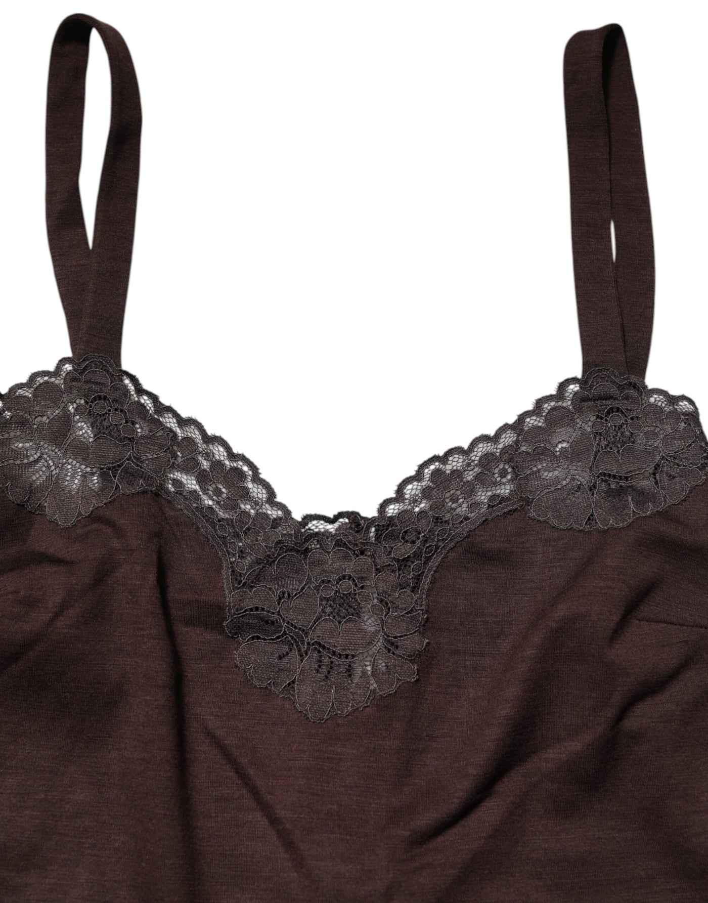 Dolce & Gabbana Dunkelbraunes ärmelloses Tanktop mit Spitzenbesatz aus Wolle