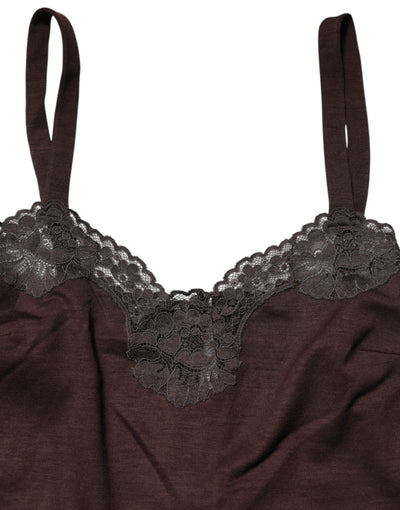 Dolce & Gabbana Dunkelbraunes ärmelloses Tanktop mit Spitzenbesatz aus Wolle