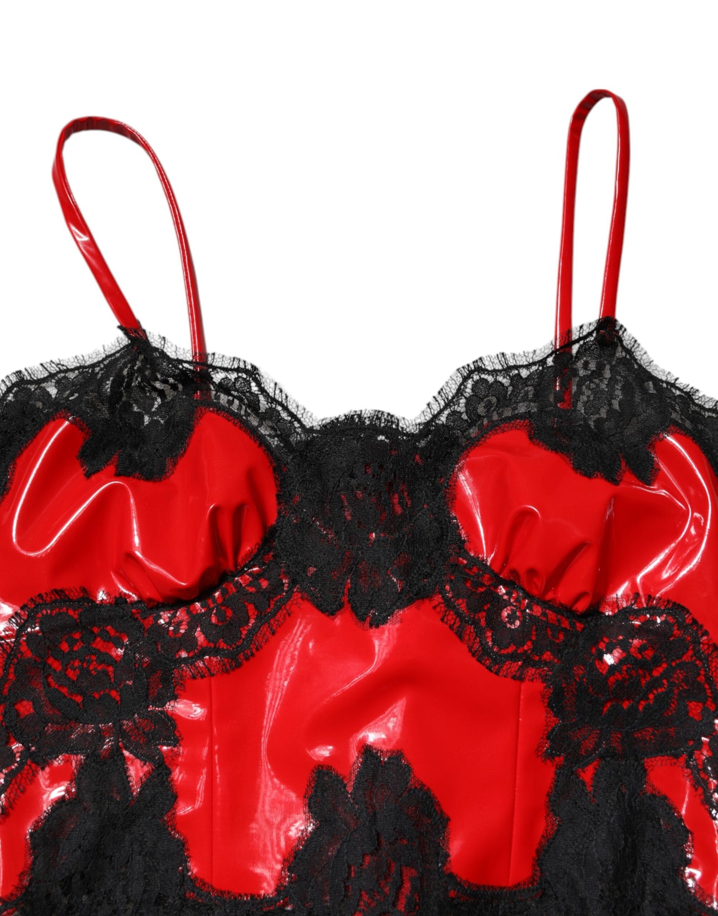 Dolce & Gabbana Rotes, schwarzes, spitzenbesetztes, ärmelloses Polyester-Tanktop