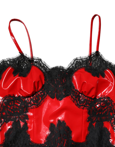 Dolce & Gabbana Rotes, schwarzes, spitzenbesetztes, ärmelloses Polyester-Tanktop