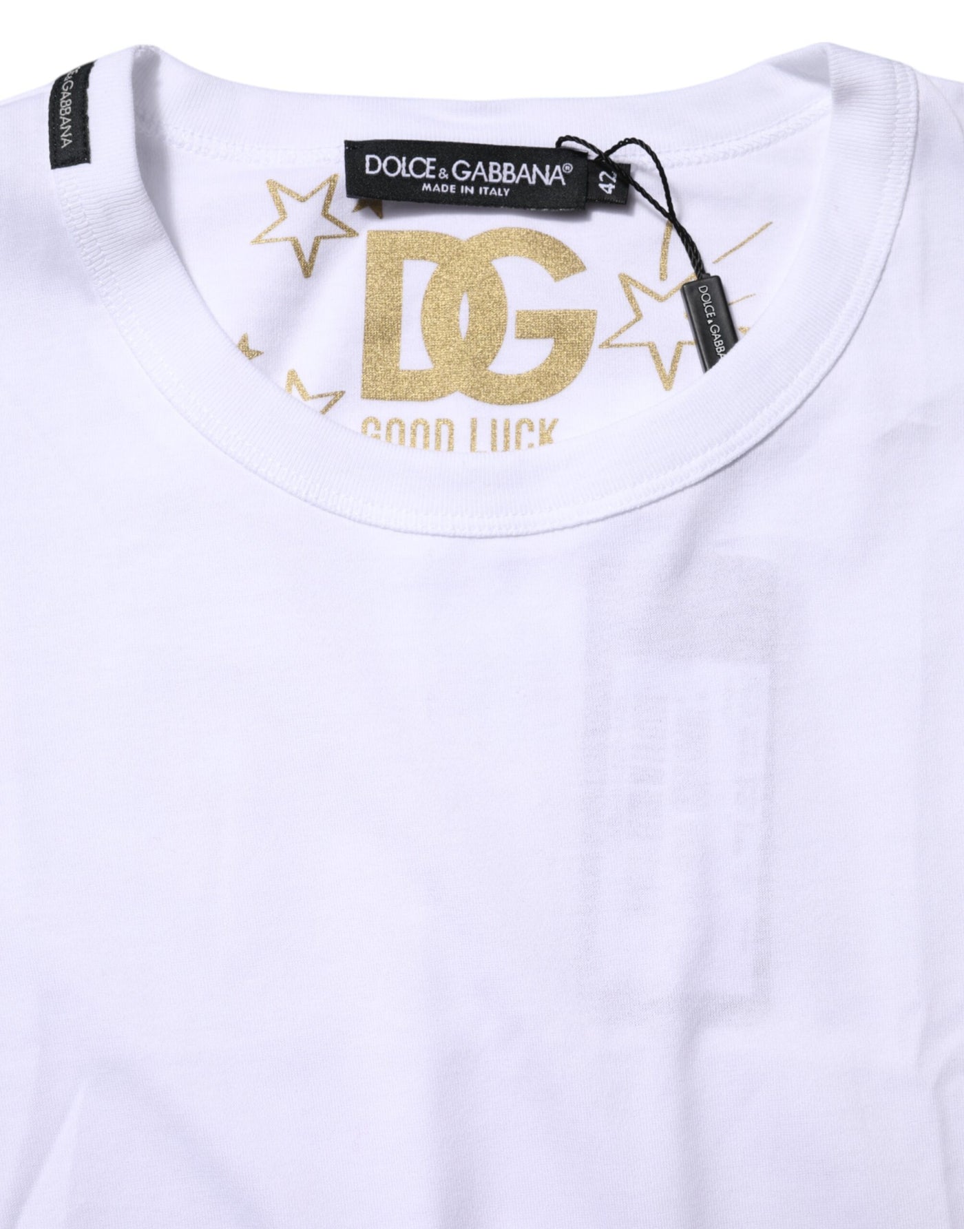 Dolce & Gabbana Weißes T-Shirt mit Rundhalsausschnitt aus Baumwolle Goodluck 2022