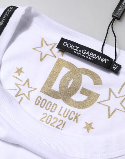 Dolce & Gabbana Weißes T-Shirt mit Rundhalsausschnitt aus Baumwolle Goodluck 2022