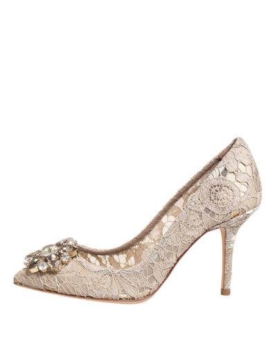 Dolce & Gabbana Beige Taormina Spitze Kristall Heels Pumps Schuhe