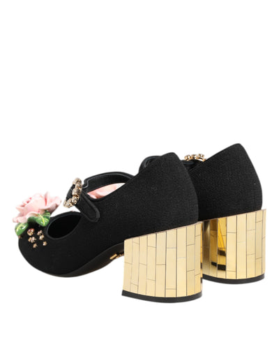 Dolce & Gabbana Schwarz Blume Kristall verschönert Mary Jane Schuhe