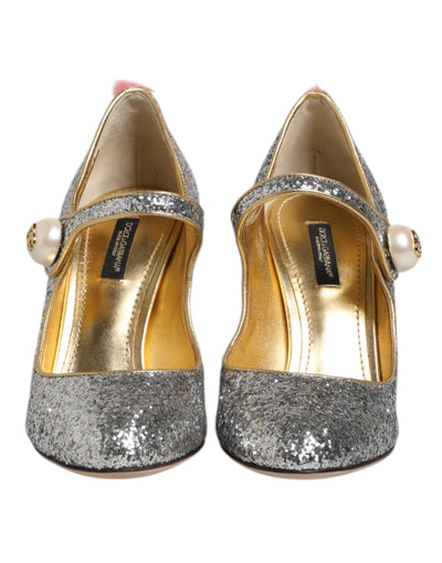 Dolce & Gabbana Silber Glitzer Nerz Pelz VALLY Pump Schuhe