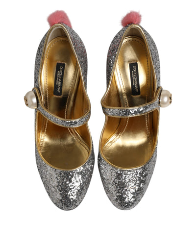 Dolce & Gabbana Silber Glitzer Nerz Pelz VALLY Pump Schuhe