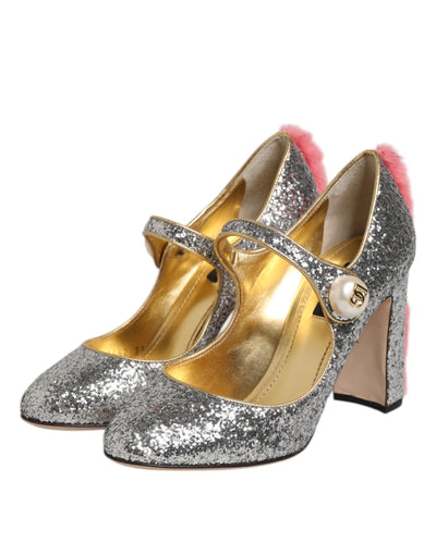 Dolce & Gabbana Silber Glitzer Nerz Pelz VALLY Pump Schuhe