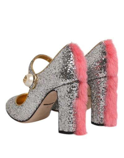 Dolce & Gabbana Silber Glitzer Nerz Pelz VALLY Pump Schuhe