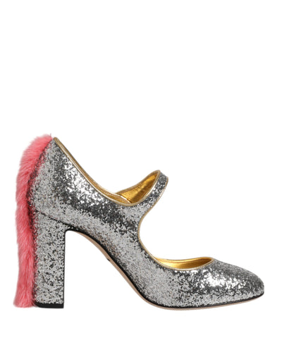 Dolce & Gabbana Silber Glitzer Nerz Pelz VALLY Pump Schuhe