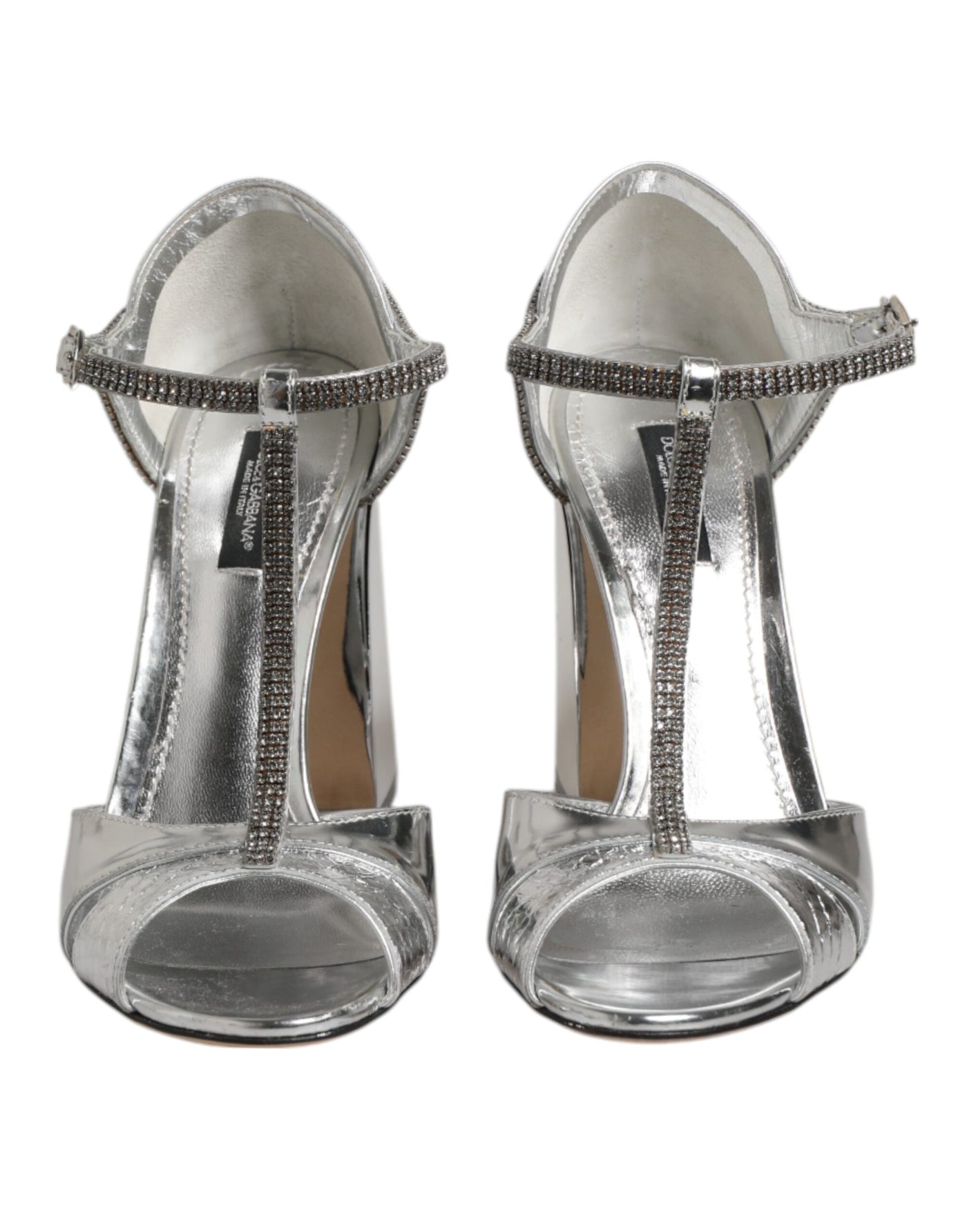 Dolce & Gabbana Silberne Leder T-strap Heels Sandalen Schuhe