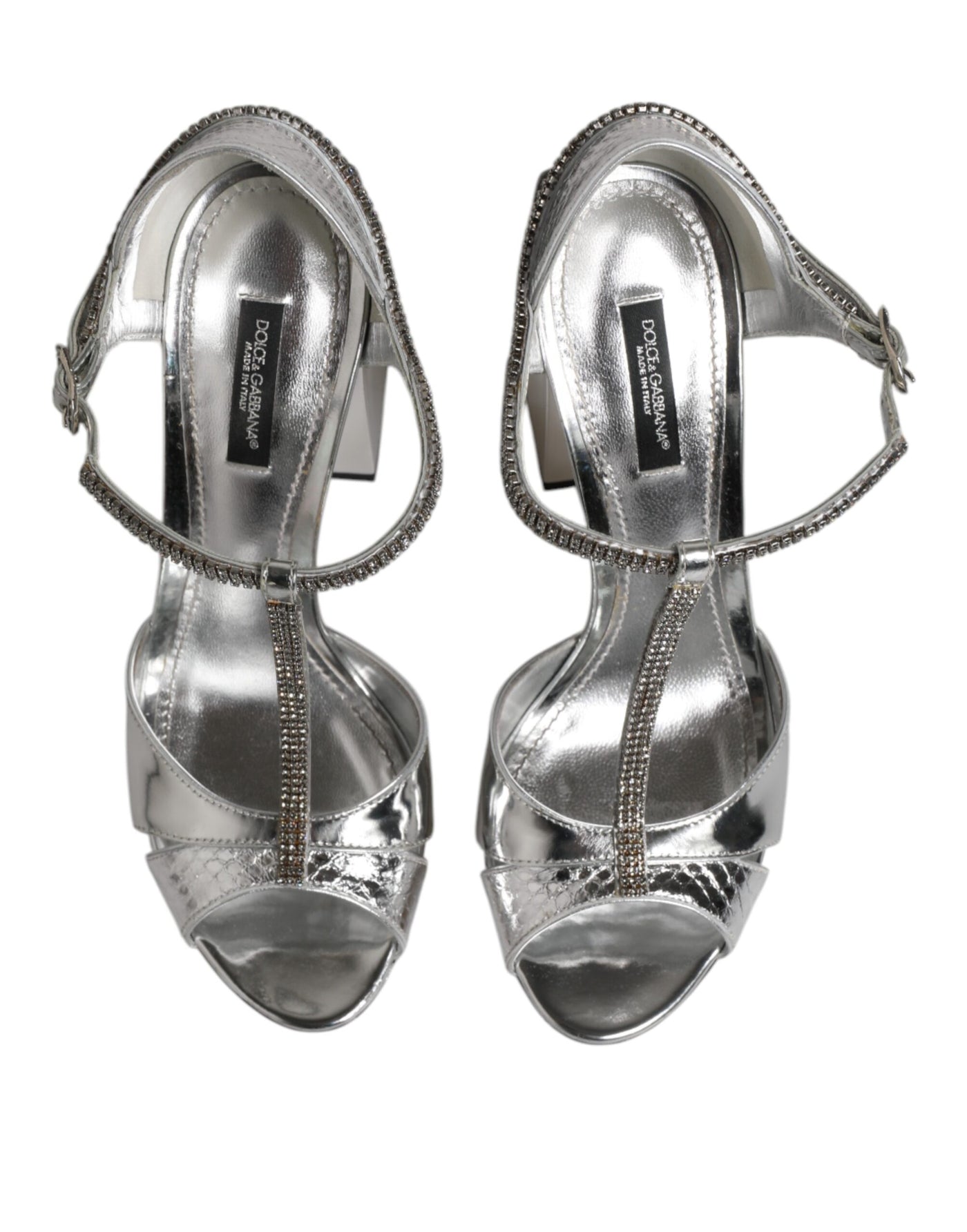 Dolce & Gabbana Silberne Leder T-strap Heels Sandalen Schuhe
