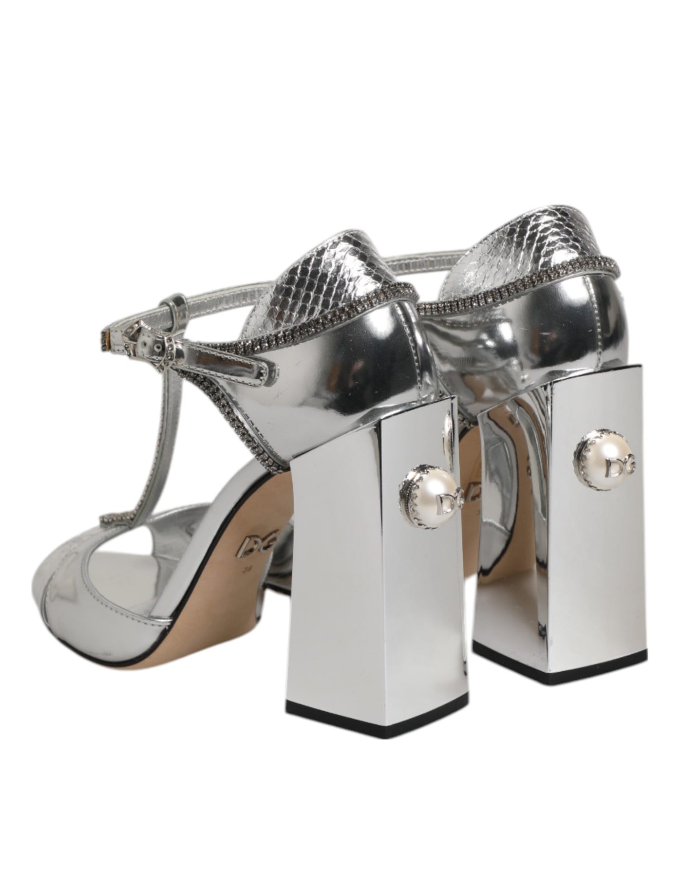 Dolce & Gabbana Silberne Leder T-strap Heels Sandalen Schuhe