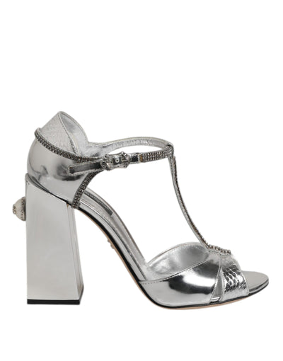 Dolce & Gabbana Silberne Leder T-strap Heels Sandalen Schuhe