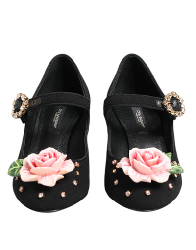 Dolce & Gabbana Schwarz Blume Kristall verschönert Mary Jane Schuhe