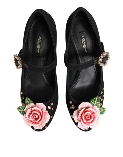 Dolce & Gabbana Schwarz Blume Kristall verschönert Mary Jane Schuhe