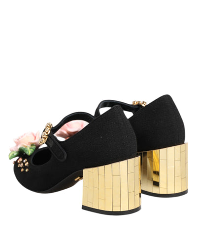Dolce & Gabbana Schwarz Blume Kristall verschönert Mary Jane Schuhe