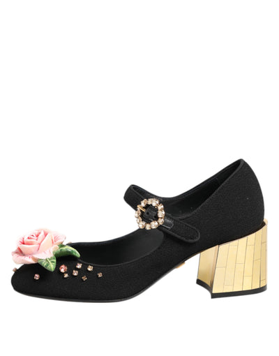 Dolce & Gabbana Schwarz Blume Kristall verschönert Mary Jane Schuhe