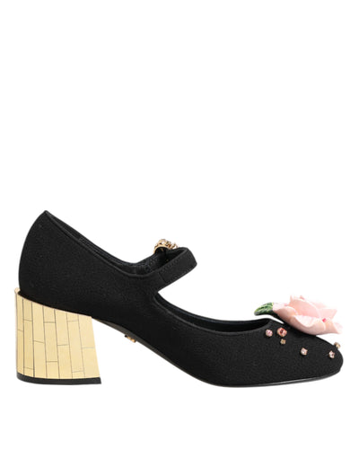Dolce & Gabbana Schwarz Blume Kristall verschönert Mary Jane Schuhe