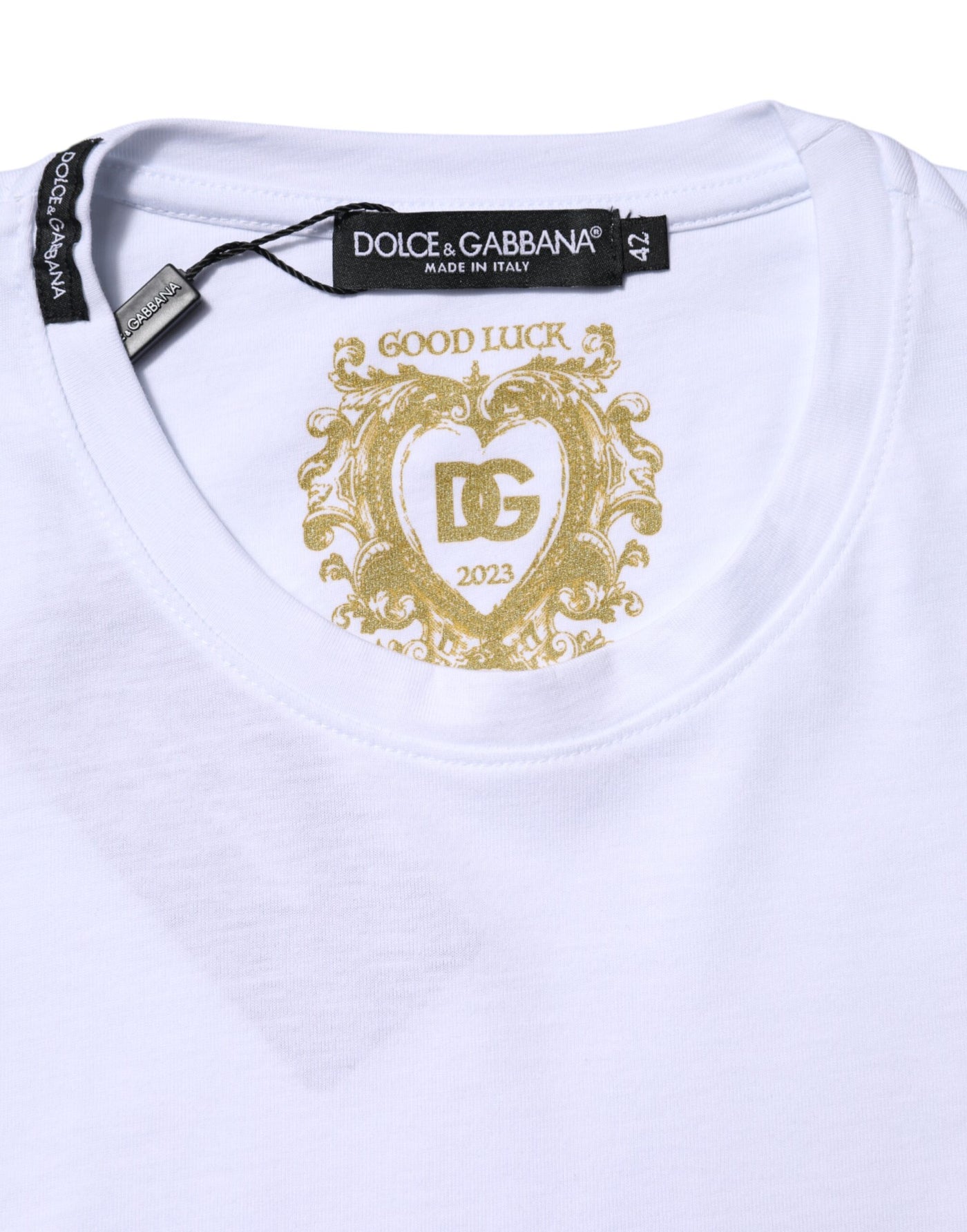 Dolce & Gabbana Weißes Baumwoll-Goodluck-2023-T-Shirt mit Rundhalsausschnitt