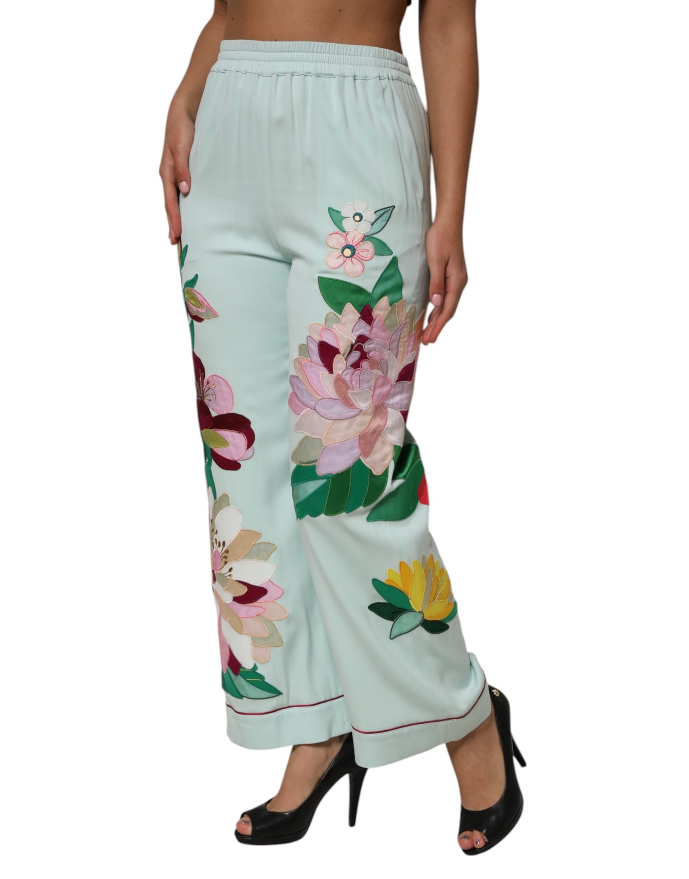 Dolce & Gabbana Grüne, geblümte, gerade Pyjamahose mit Strumpfband