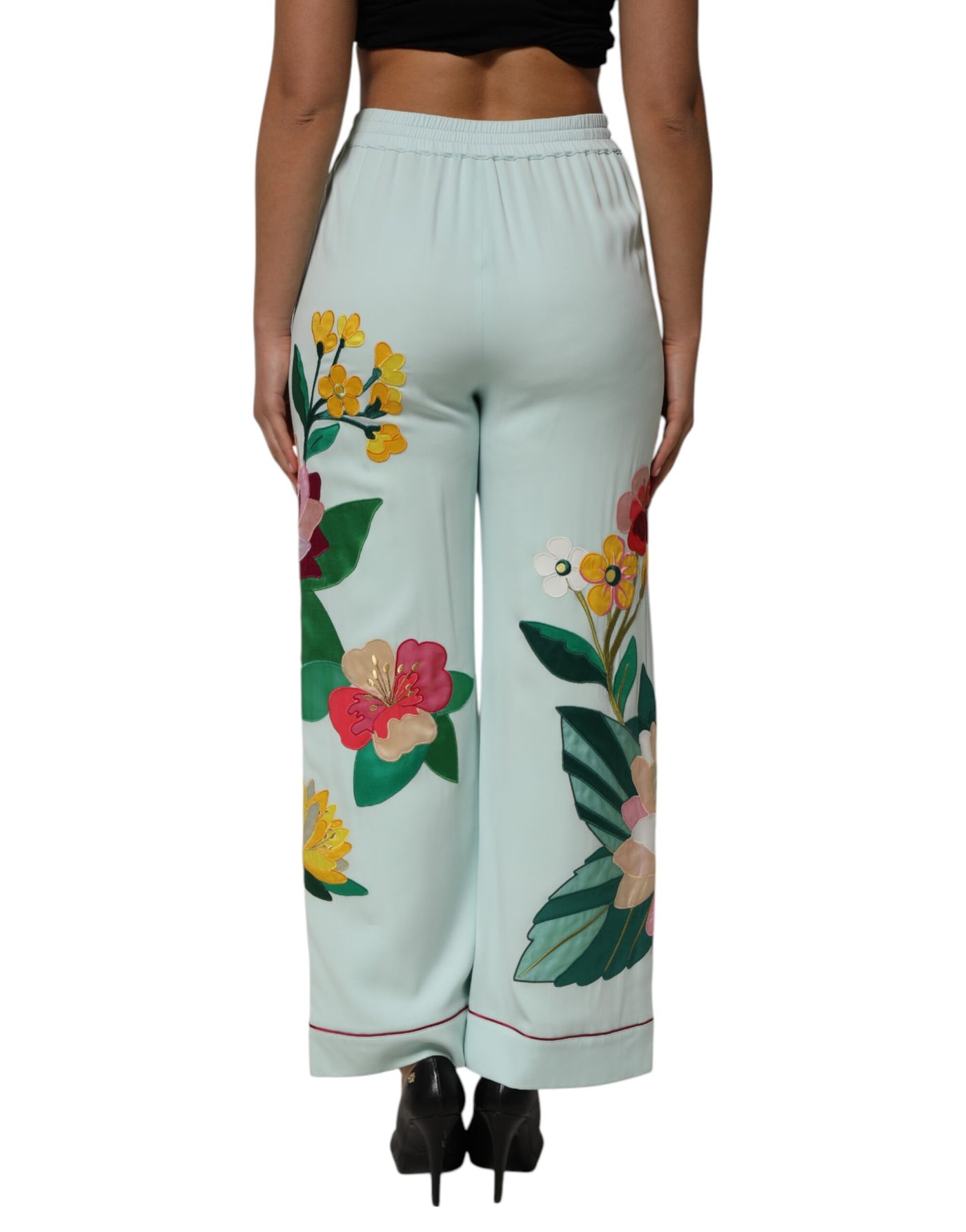 Dolce & Gabbana Grüne, geblümte, gerade Pyjamahose mit Strumpfband