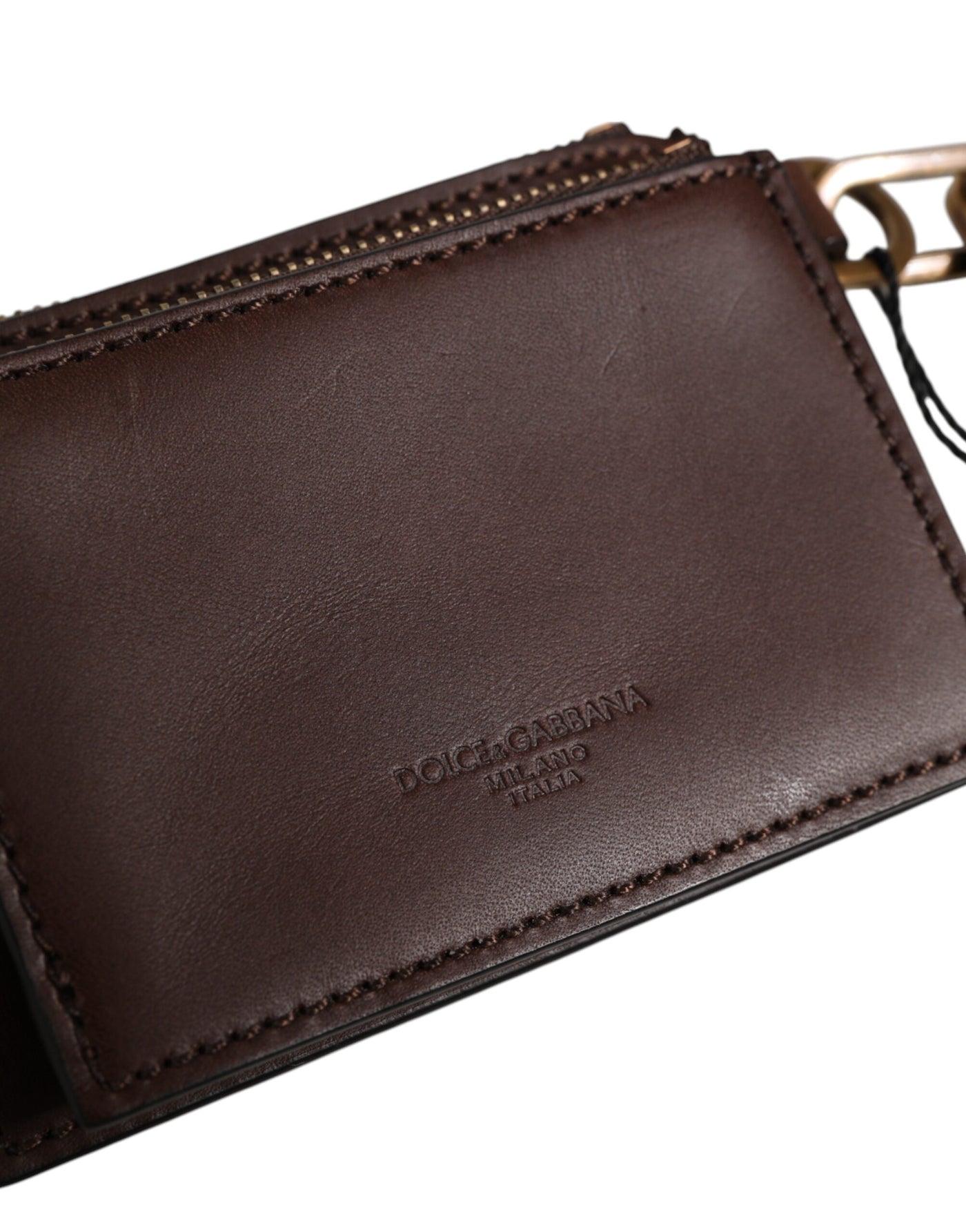 Dolce & Gabbana Braunes Kalbsleder Zip Logo Schlüsselanhänger Münzgeldbörse Männer Brieftasche