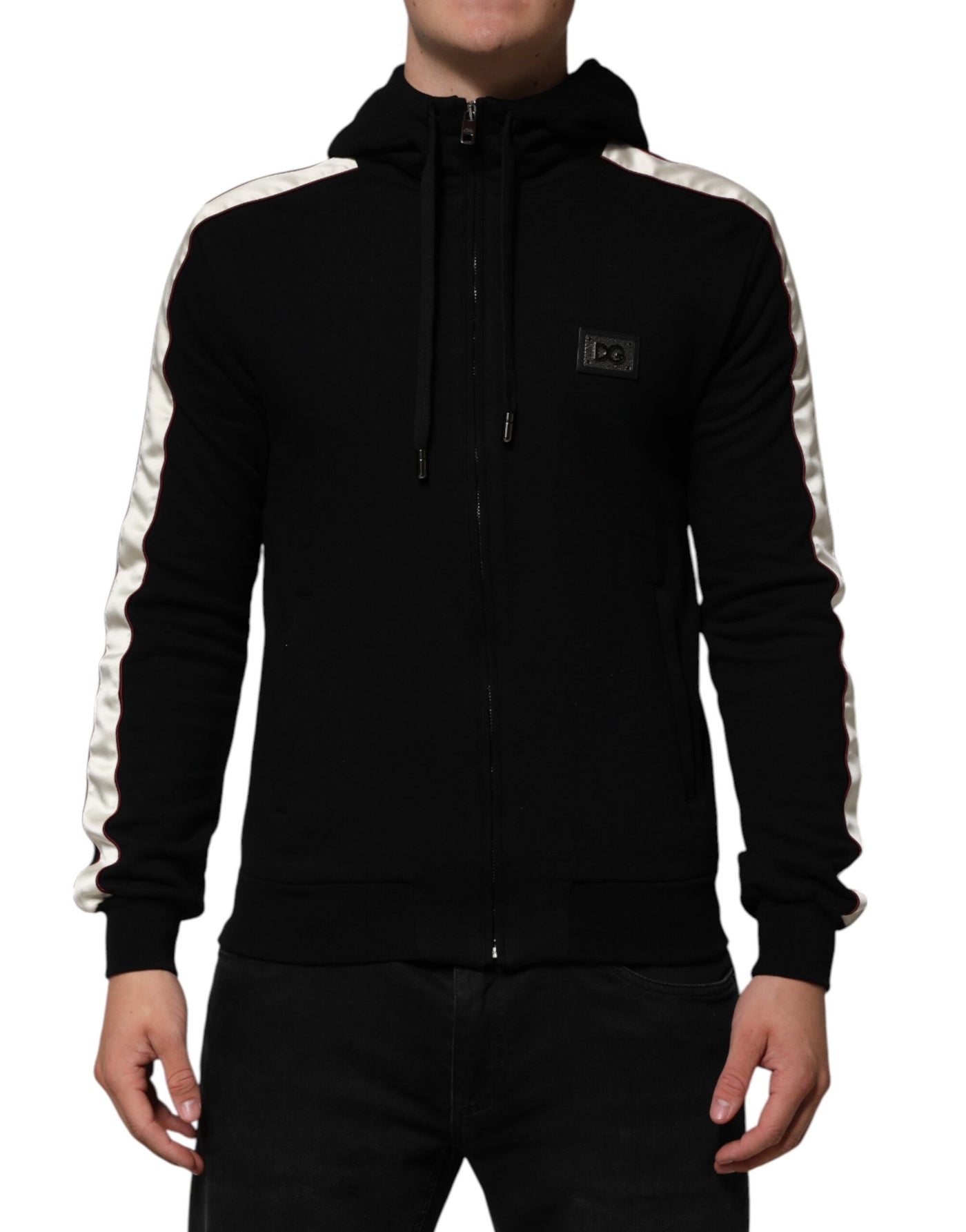 Dolce & Gabbana Schwarze Baumwollplakette Track Cardigan Pullover
