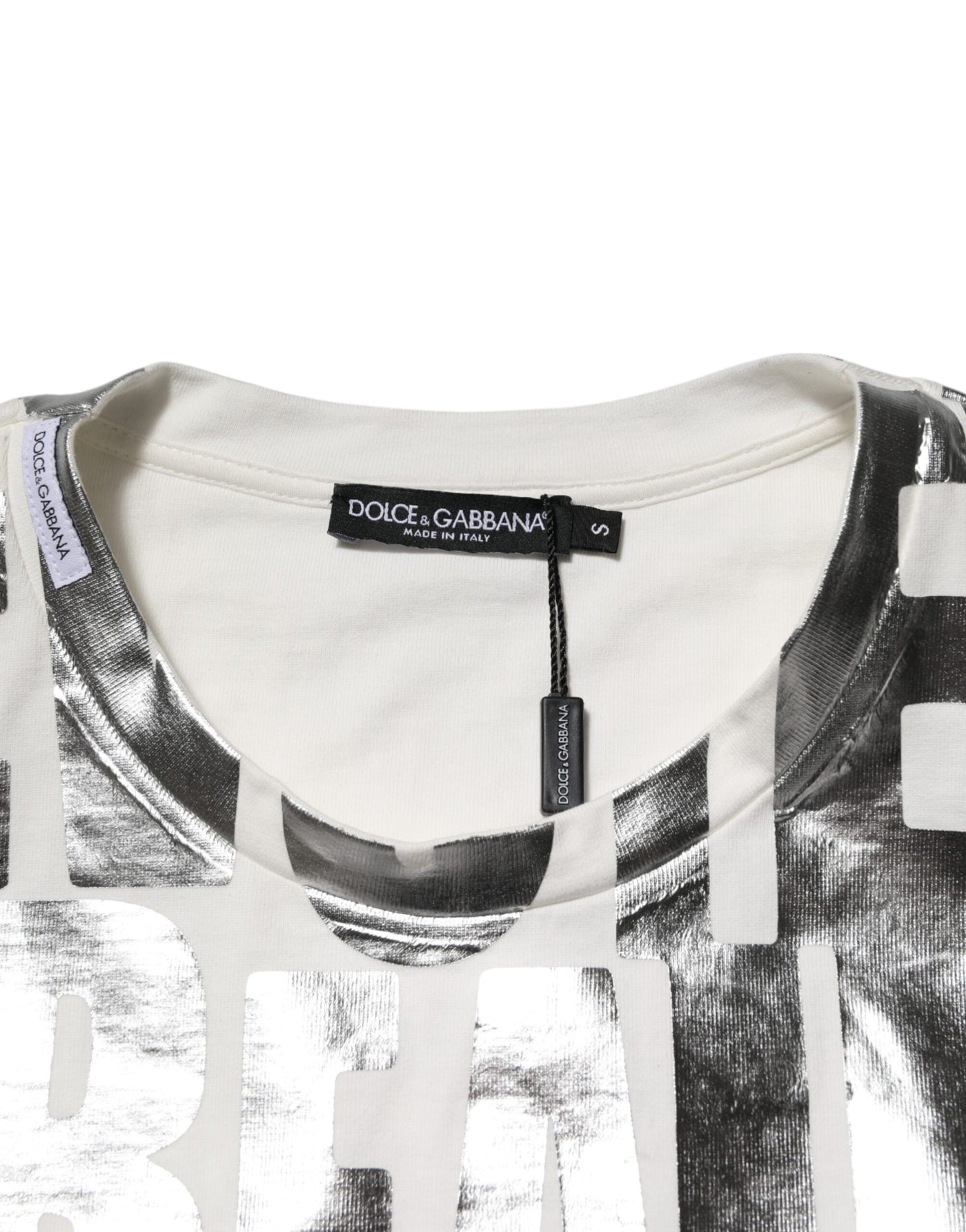 Dolce & Gabbana Weißes T-Shirt mit Metallic-Druck aus Baumwolle mit Rundhalsausschnitt