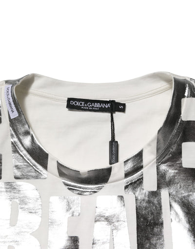 Dolce & Gabbana Weißes T-Shirt mit Metallic-Druck aus Baumwolle mit Rundhalsausschnitt