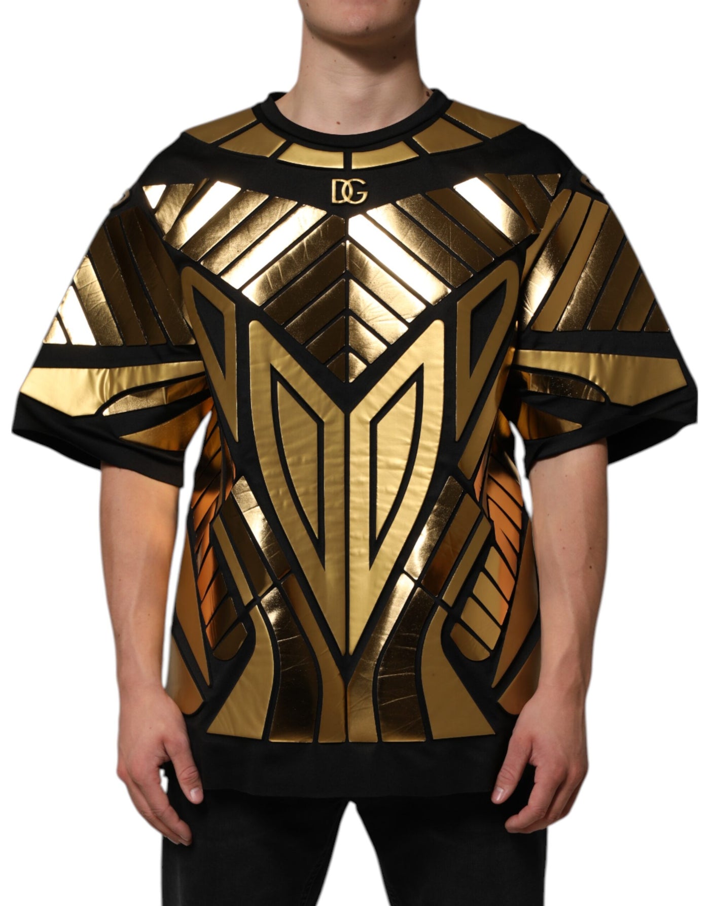 Dolce & Gabbana Schwarzes T-Shirt mit Metallic-Druck aus Nylon mit Rundhalsausschnitt
