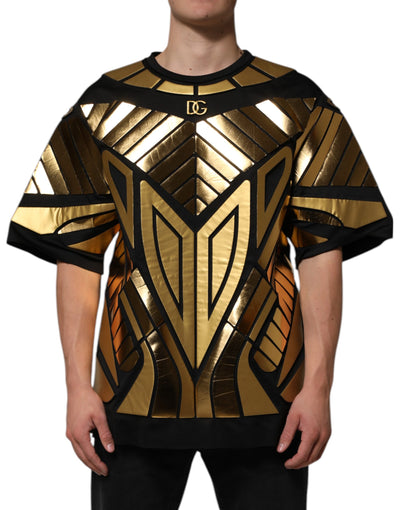 Dolce & Gabbana Schwarzes T-Shirt mit Metallic-Druck aus Nylon mit Rundhalsausschnitt