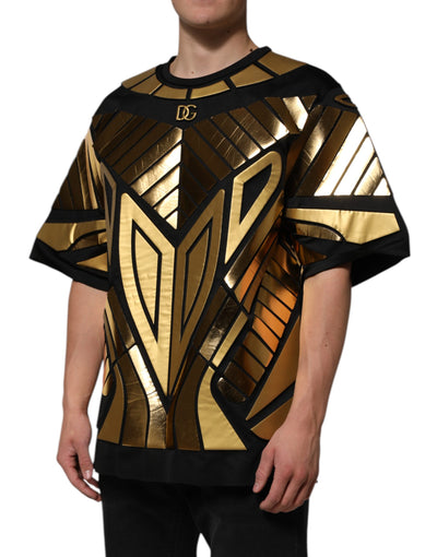 Dolce & Gabbana Schwarzes T-Shirt mit Metallic-Druck aus Nylon mit Rundhalsausschnitt