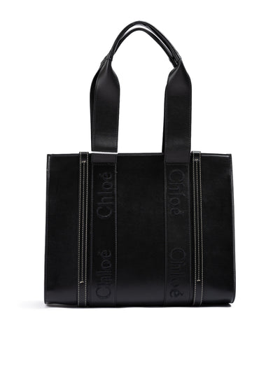 Chloé Schwarze Ledertasche mit gesticktem Woody-Logo (Medium Tote Bag)