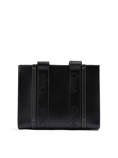 Chloé Schwarze Ledertasche mit gesticktem Woody-Logo (Medium Tote Bag)
