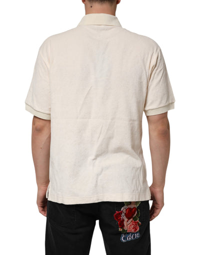 Dolce & Gabbana Elfenbeinfarbenes Logo-Polo-T-Shirt aus Baumwollfrottee
