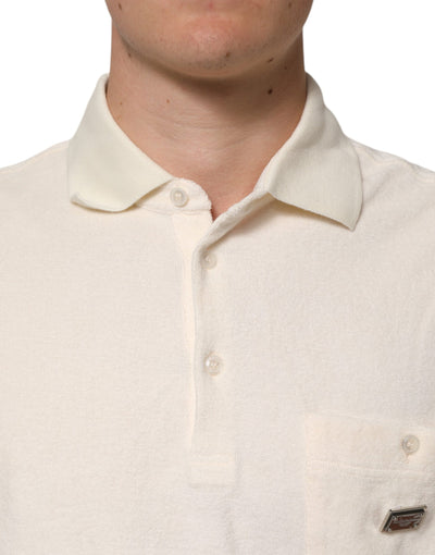 Dolce & Gabbana Elfenbeinfarbenes Logo-Polo-T-Shirt aus Baumwollfrottee