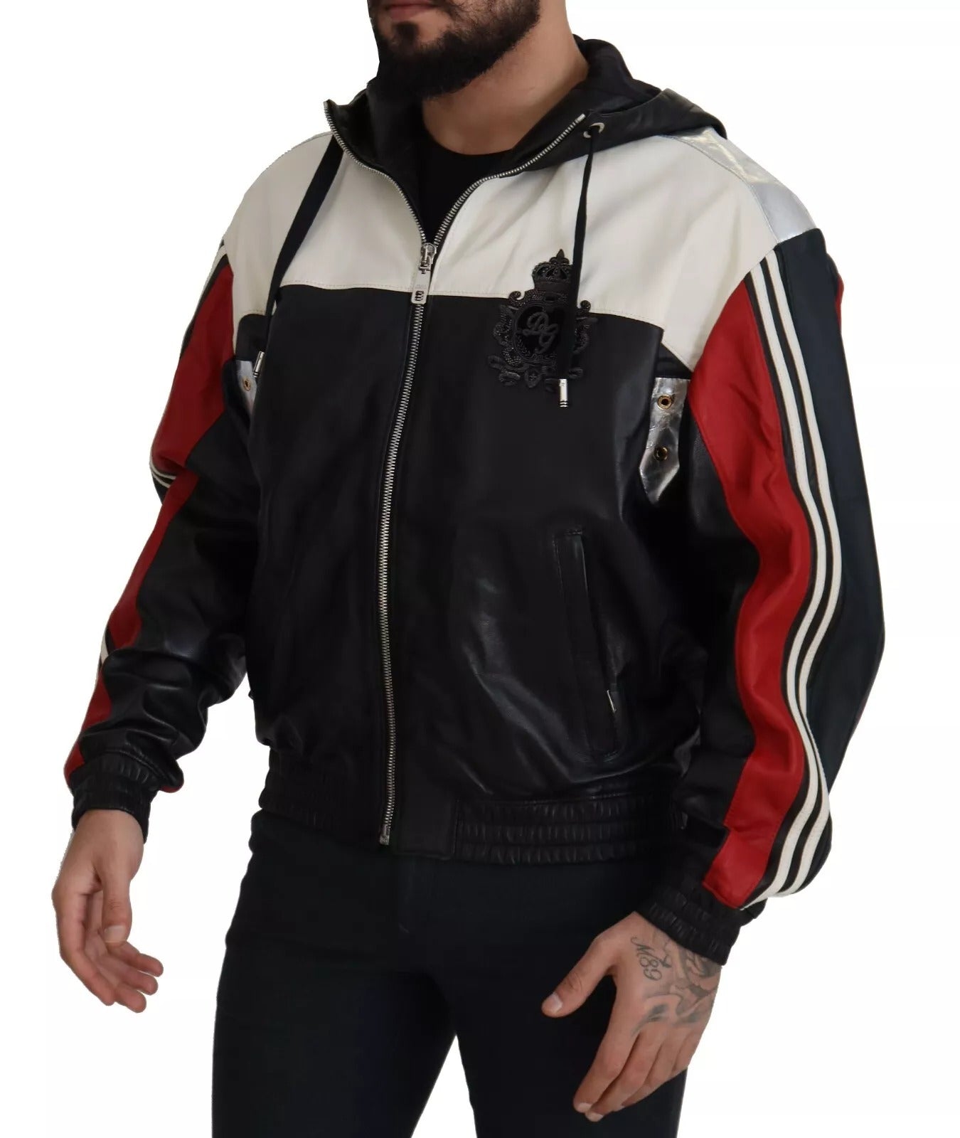 Dolce & Gabbana Schwarze Leder-Blousonjacke mit Kapuze
