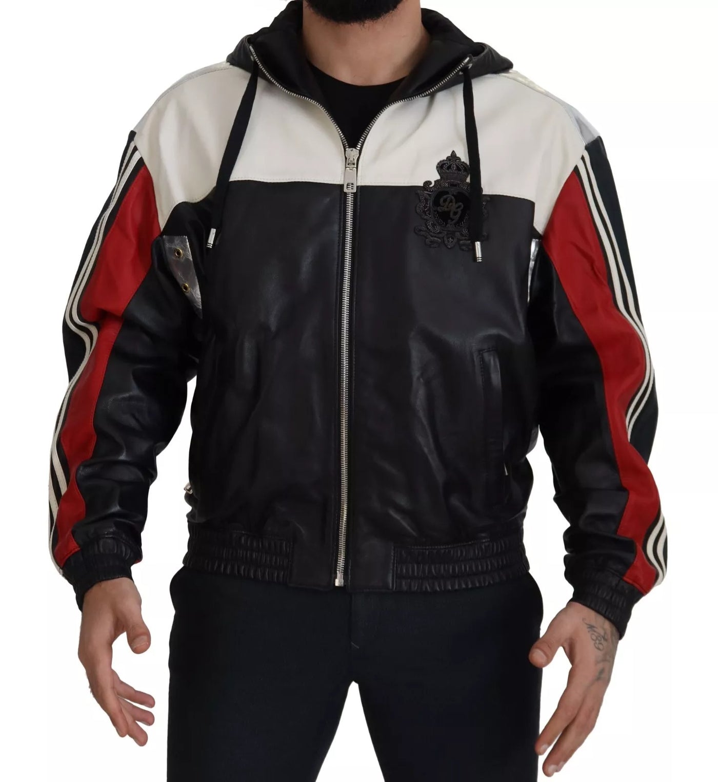 Dolce & Gabbana Schwarze Leder-Blousonjacke mit Kapuze