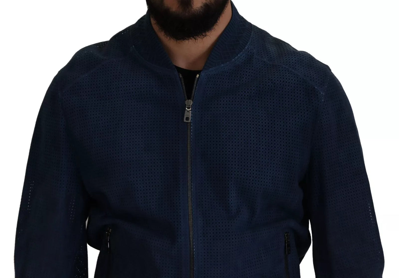 Dolce & Gabbana Perforierte Jacke mit durchgehendem Reißverschluss aus blauem Leder