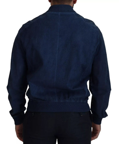 Dolce & Gabbana Perforierte Jacke mit durchgehendem Reißverschluss aus blauem Leder