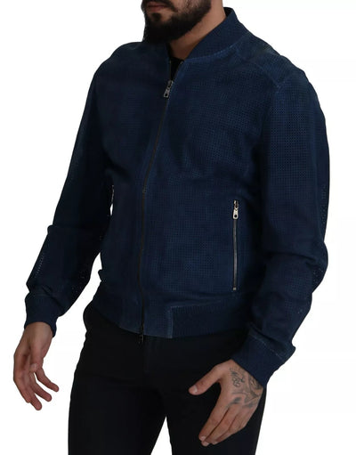 Dolce & Gabbana Perforierte Jacke mit durchgehendem Reißverschluss aus blauem Leder